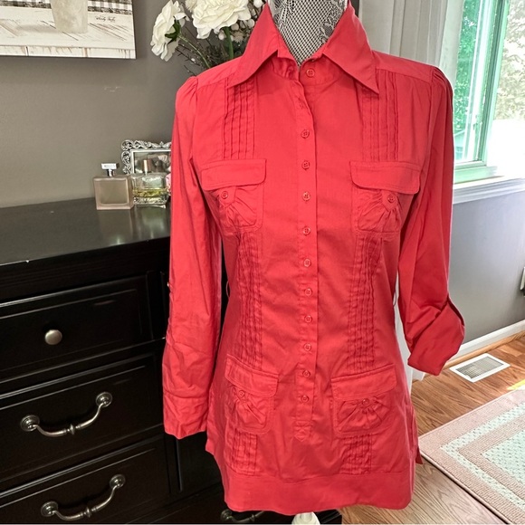 Bebe Utility Tunic Shirt Belle Pink Button-Front Stretch Poplin Blouse Size S - Picture 3 of 14